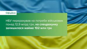 НБУ перерахував на потреби військових понад 12,9 млрд грн, на спецрахунку залишилося майже 102 млн грн