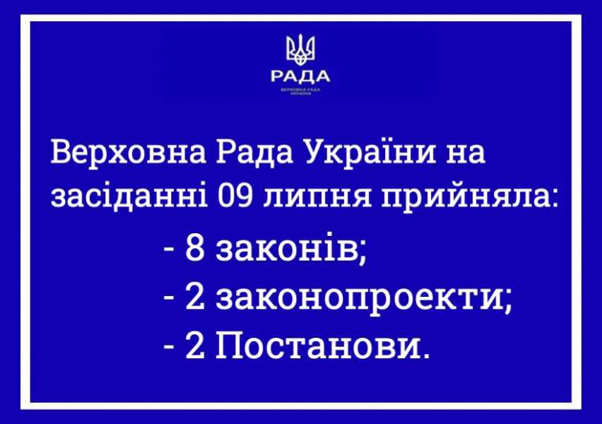 Верховна Рада України на пленарному засіданні 9 липня прийняла 8 Законів, 2 законопроекти, 2 постанови