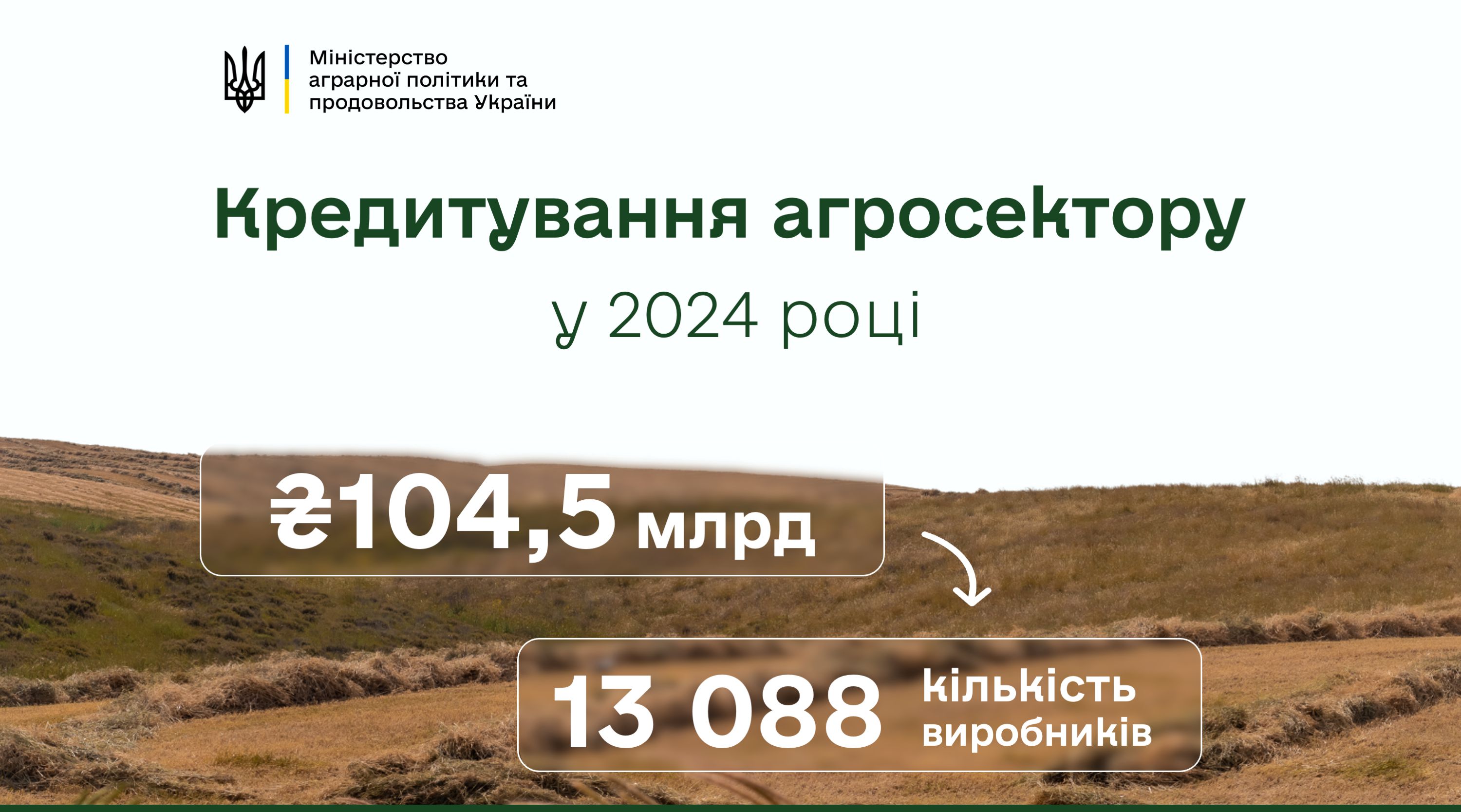 Упродовж 2024 року 13088 агрогосподарств отримали майже 104,5 мільярда гривень банківських кредитів на розвиток