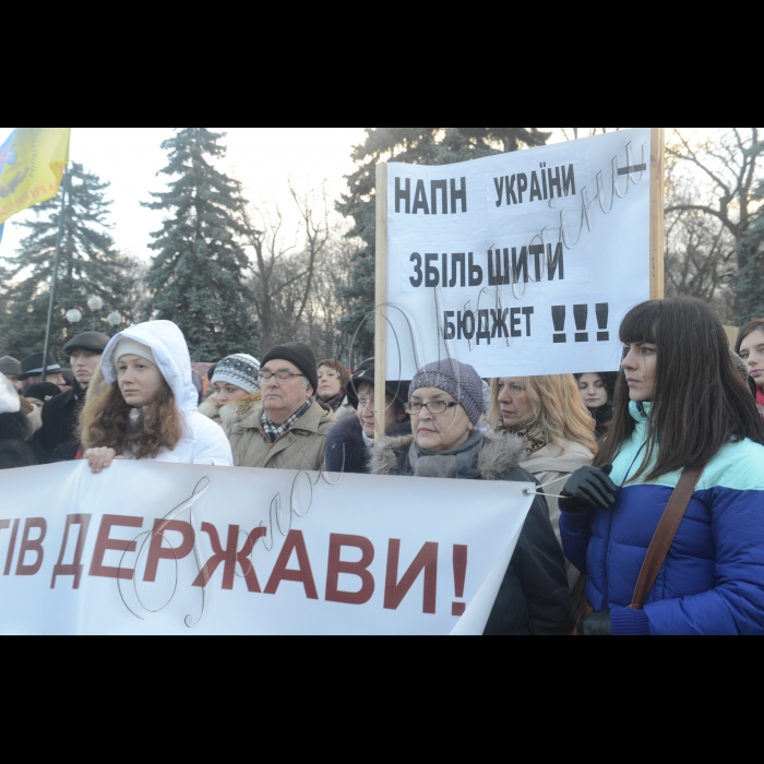 25 грудня 2014. Мітинг біля стін Верховної Ради профспілок працівників Національної академії наук проти скорочення бюджетних коштів на науку.