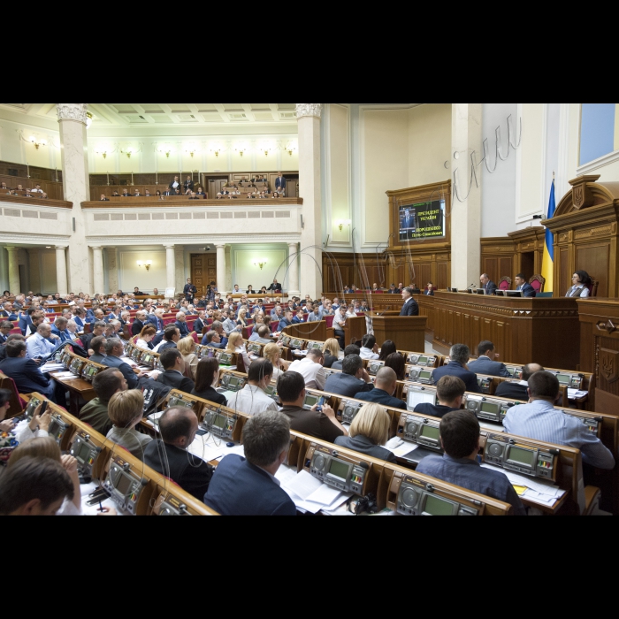 У пленарному засіданні ВР взяли участь Президент України Петро Порошенко, Прем’єр-міністр України Арсеній Яценюк, дипломати, голови облдержадміністрацій.
Президент України Петро Порошенко у Верховній Раді України представив проект Закону 