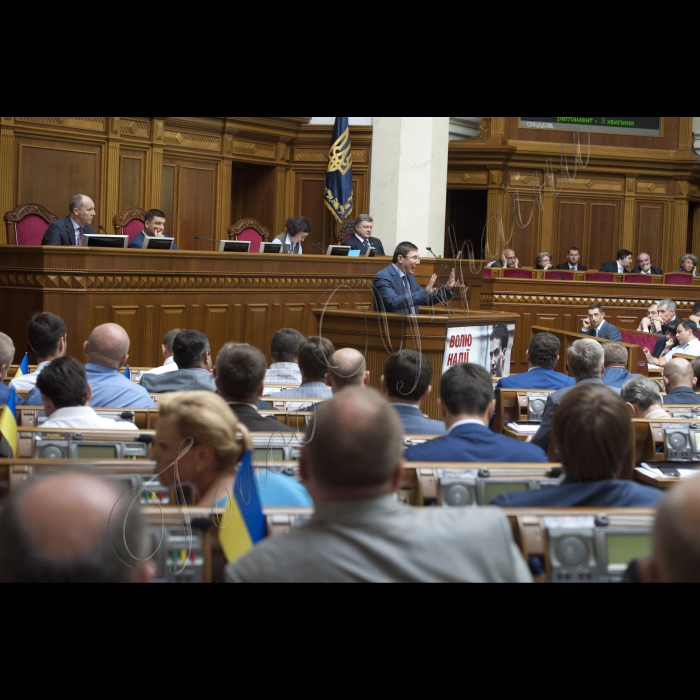 У пленарному засіданні ВР взяли участь Президент України Петро Порошенко, Прем’єр-міністр України Арсеній Яценюк, дипломати, голови облдержадміністрацій.
Президент України Петро Порошенко у Верховній Раді України представив проект Закону 