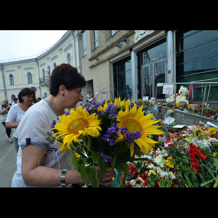 До посольства Королівства Нідерландів у Києві масово йдуть жителі Києва, щоб висловити свої співчуття з приводу загиблих під час авіакатастрофи в Донецькій області, у якій загинуло більше як 300 людей. Люди приходять із квітами й дитячими іграшками