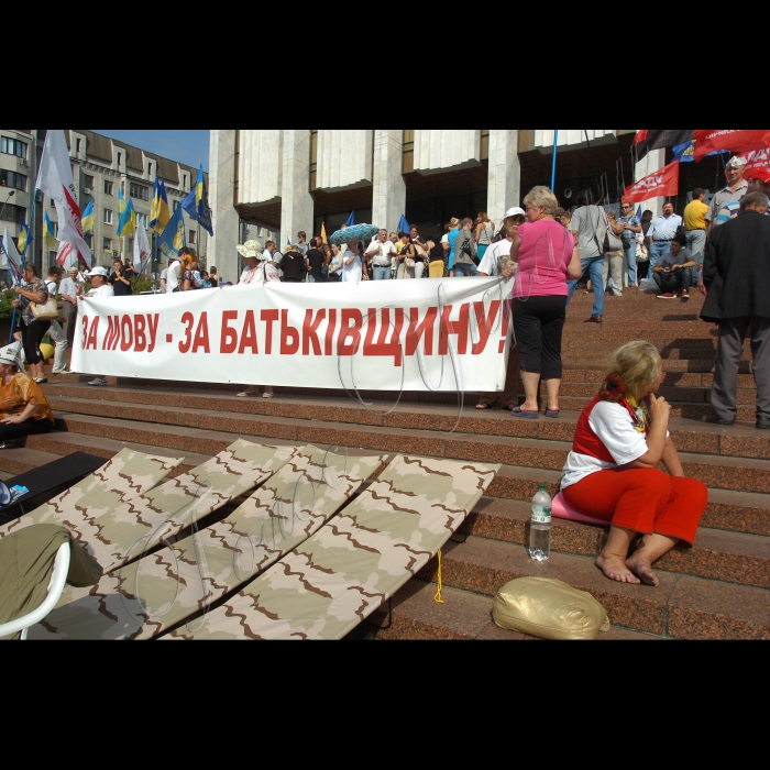 Учасники мітингу проти мовного закону біля Українського будинку, в Києві, в середу, 4 липня 2012 р.3 липня п'ятеро народних депутатів від опозиції оголосили безстрокову голодовку в Києві біля Українського дому на знак протесту проти ухвалення мовного закону. Народні депутати затверджують про те, що вони збираються голодувати, доки не буде скасований проголосований закон. Також цього дня після 21.00 до Українського дому прибула група правоохоронців - близько 50 осіб. Вони піднялися сходами на ганок будівлі. Першими на них напали представники ВО «Свобода», які серед інших беруть участь у мітингу. Їх підтримали інші учасники акції. Зав’язалася масова бійка. Згодом на допомогу першій групі провоохоронців прибув інший загін і сутичка продовжилася. У бійці взяли участь народні депутати від опозиційних факцій парламенту. Правоохоронці відтіснили мітингувальників від входу в Український дім. Мітингуючі провели ніч на сходах будівлі Українського дому. Вранці, 4 липня, опозиціонери перекрили шлагбаум, а також центральний вхід до Українського дому, де повинна проходити підсумкова прес-конференція Президента України Віктора Януковича.