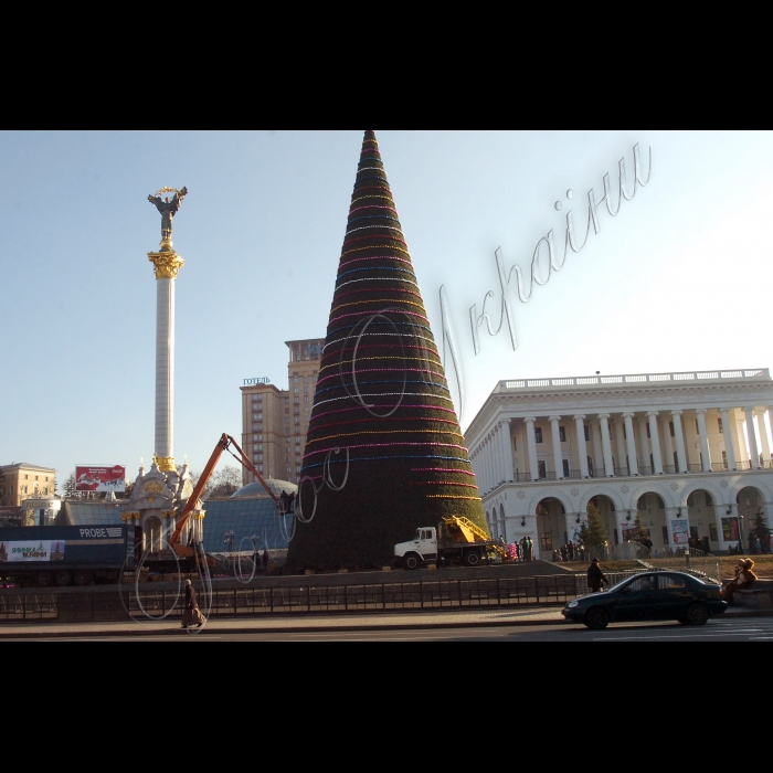 На Майдані Незалежності закінчується встановлення головної новорічної ялинки країни, яка вперше буде штучною.